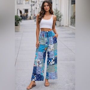 Rahab's Rope Colorful Cotton Patchwork Wide-Leg Baggy Pants Bohemian Summer